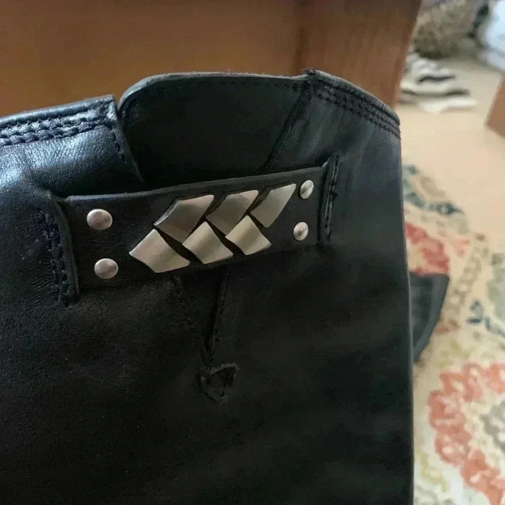 Knee High Black Frye Boots with Silver Adornments - Picture 8 of 14